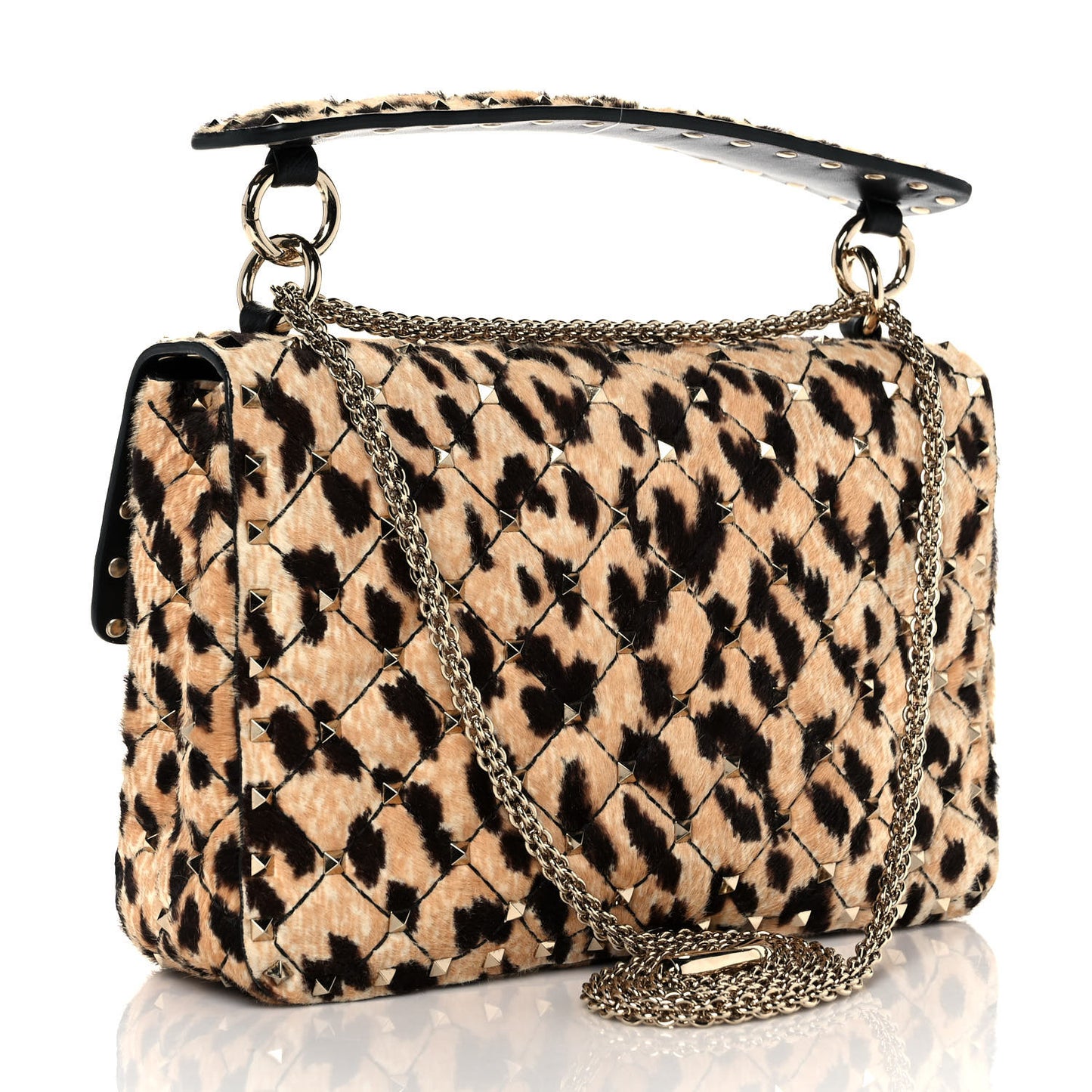 Calf Hair Leopard Print Medium Rockstud Spike Shoulder Bag