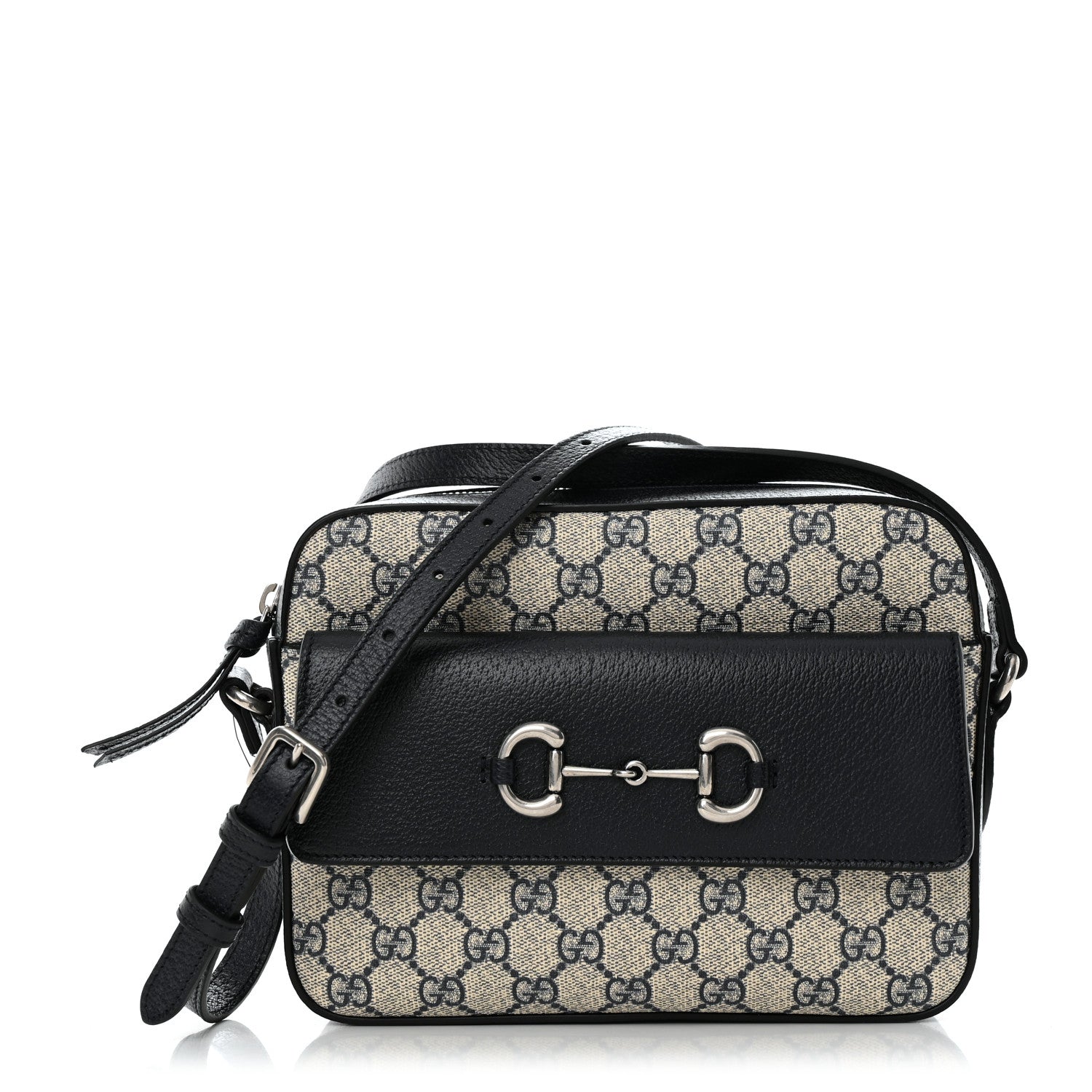 Gucci GG Supreme Monogram Textured Dollar Calfskin Small Horsebit 1955 Shoulder Bag Beige Blue 1 of 12