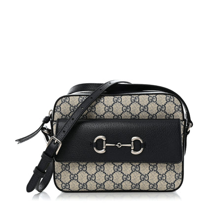 Gucci GG Supreme Monogram Textured Dollar Calfskin Small Horsebit 1955 Shoulder Bag Beige Blue 1 of 12