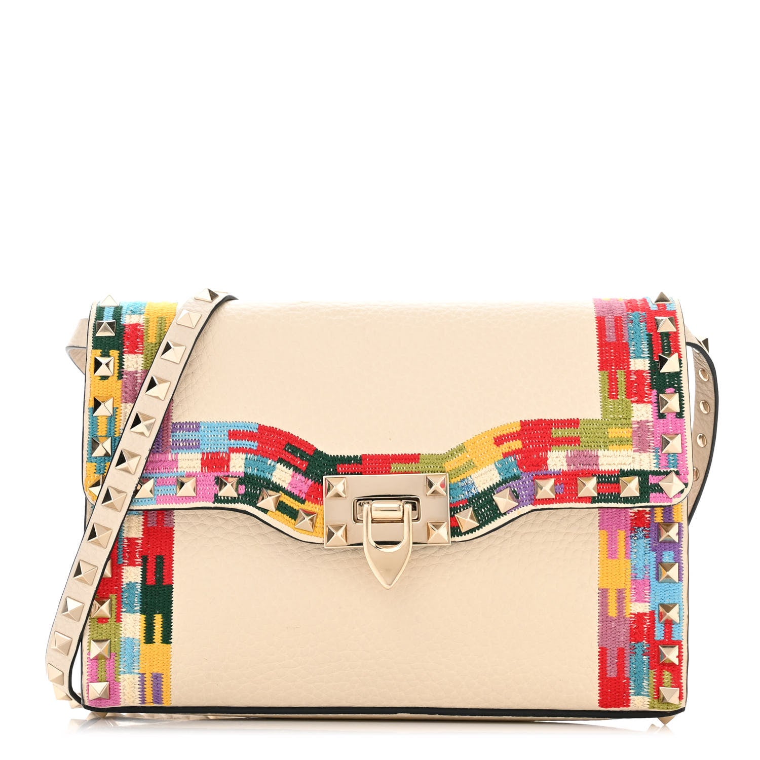 Valentino Garavani Pebbled Calfskin Embroidered Medium Rockstud Flip Lock Crossbody Bag Ivory 1 of 9