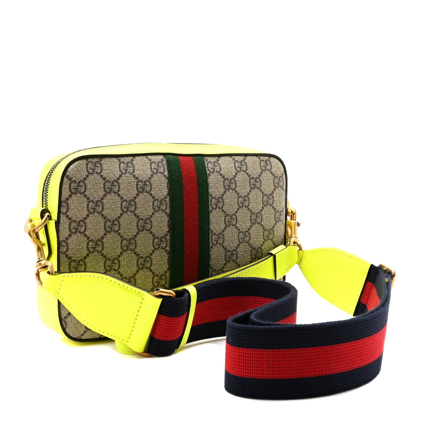 GG Supreme Monogram Textured Dollar Calfskin Web Ophidia Wristlet Shoulder Bag Beige Ebony Fluo Yellow