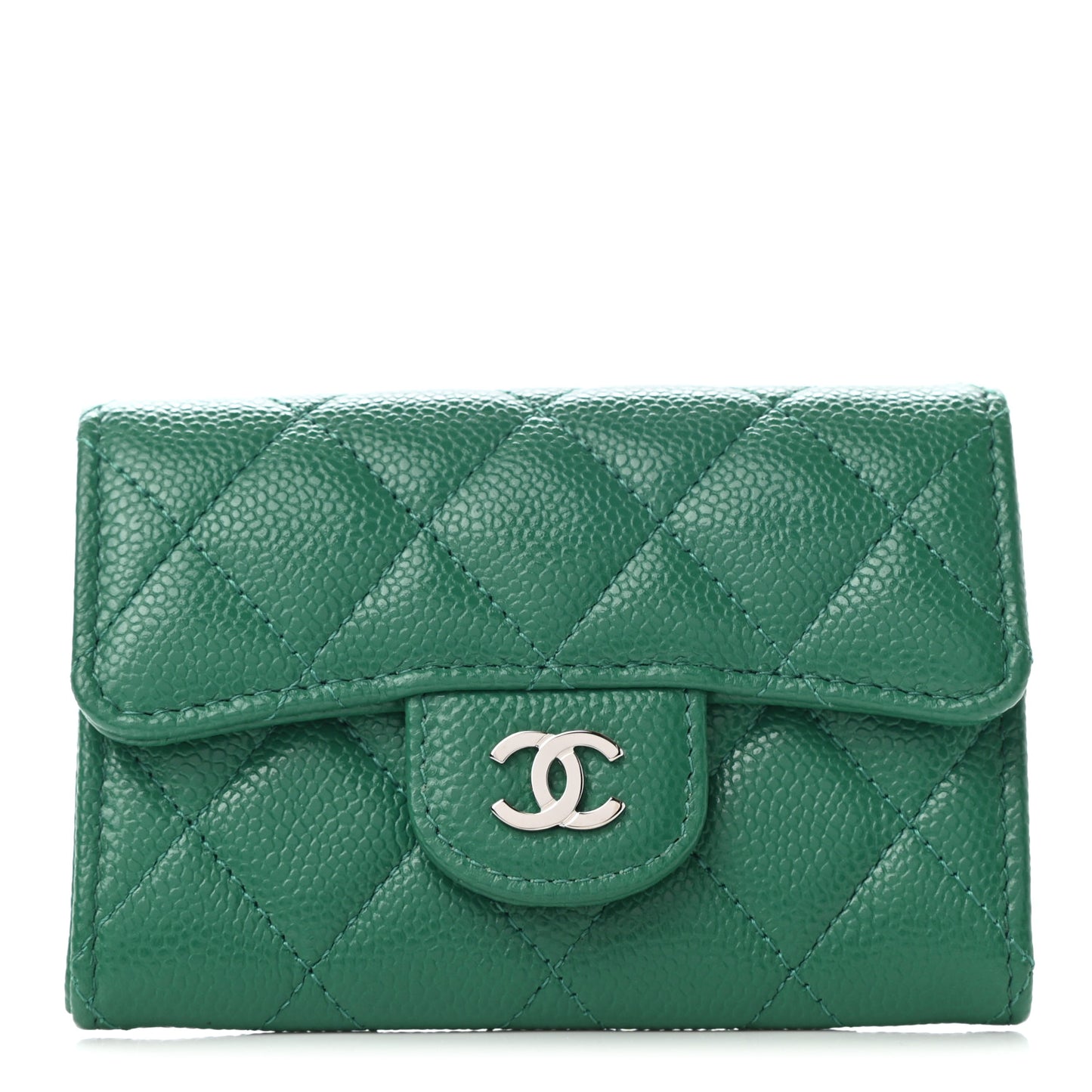 Caviar Quilted Flap Card Holder Wallet Green