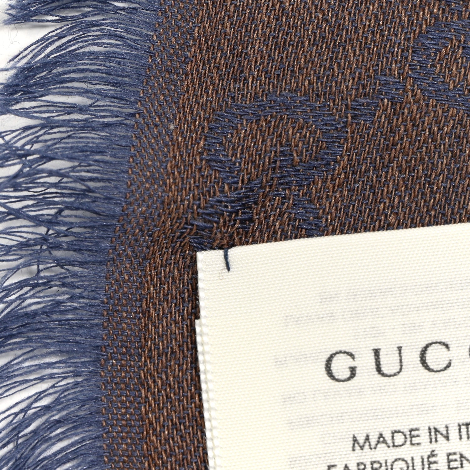 Gucci Wool Silk Monogram GGWeb Fringe Shawl Taupe Sky Blue 5 of 5