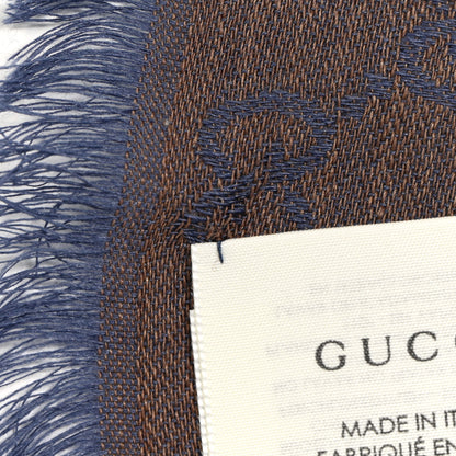 Gucci Wool Silk Monogram GGWeb Fringe Shawl Taupe Sky Blue 5 of 5