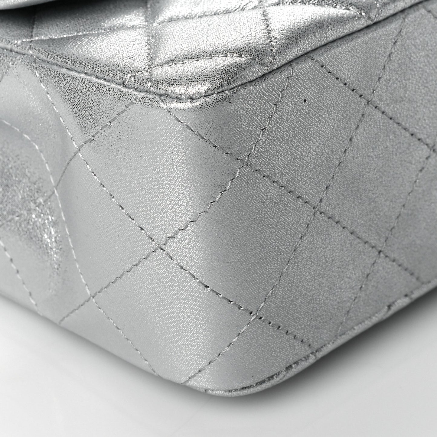 Metallic Lambskin Quilted Mini Rectangular Flap Silver