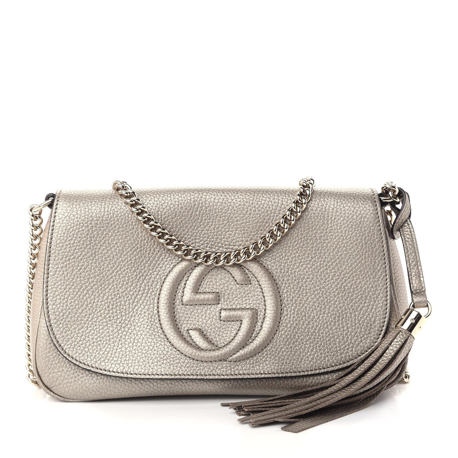 Gucci Metallic Pebbled Calfskin Medium Soho Flap Crossbody Golden Beige 1 of 8
