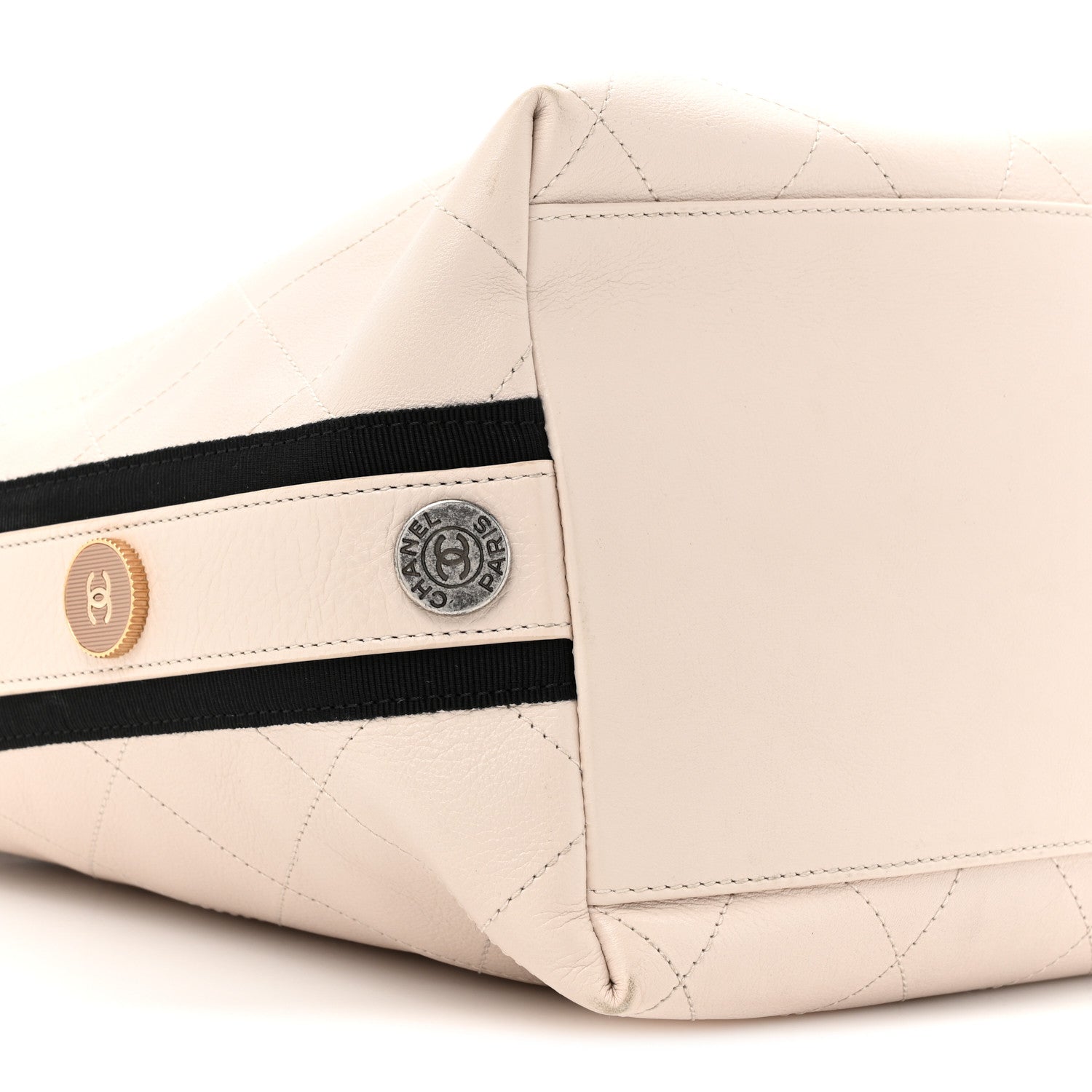 Chanel Calfskin Stitched Large Button Up Hobo Ivory Black 10 of 14