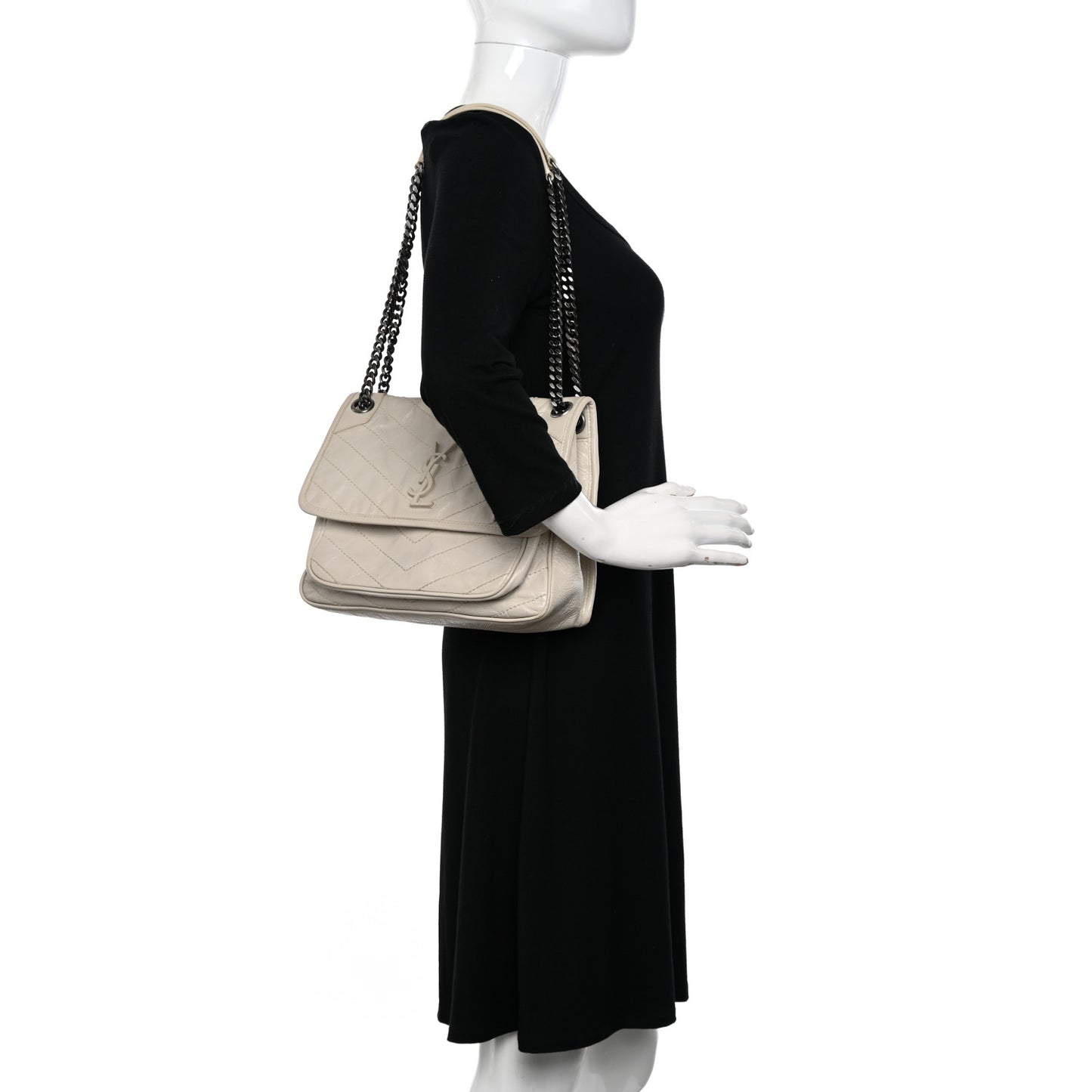 Crinkled Calfskin Matelasse Monogram Medium Niki Chain Satchel Ivory