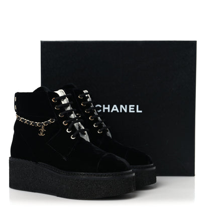 Chanel Velvet Chain Lace Up CC Short Boots 37 Black 10 of 10
