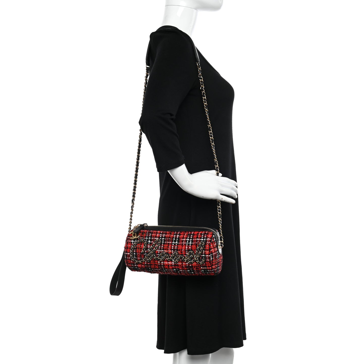 Tweed Calfskin Signe Bowling Bag Red Black