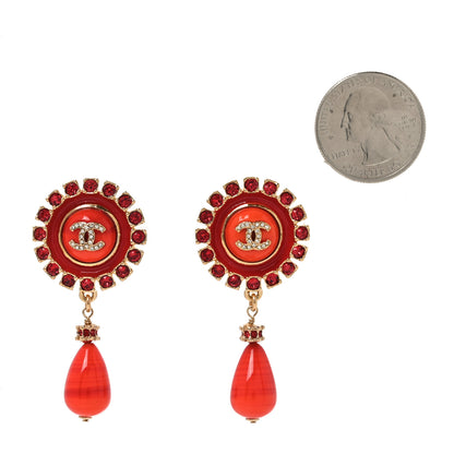 Chanel Enamel Resin Crystal CC Drop Earrings Red Gold 2 of 4