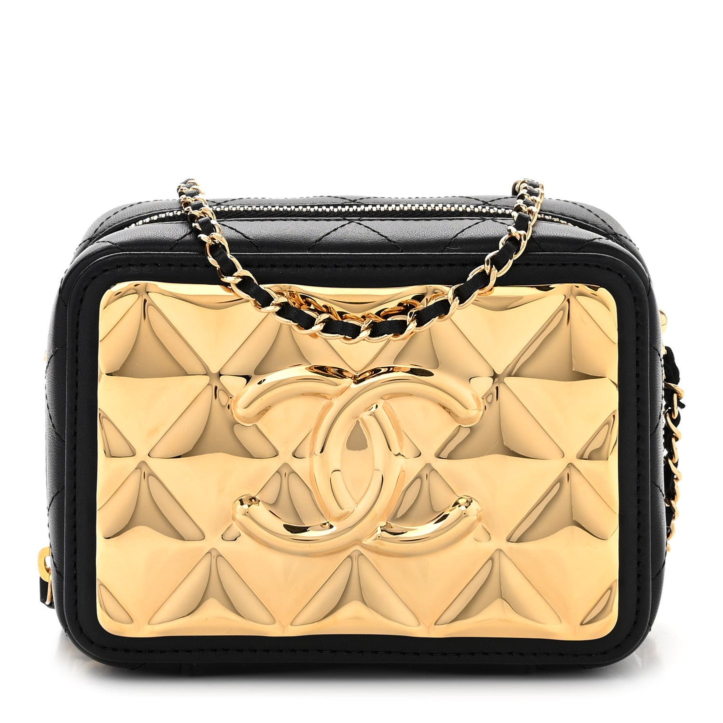 Lambskin Metal Quilted Mini Vanity Case With Chain Black Gold