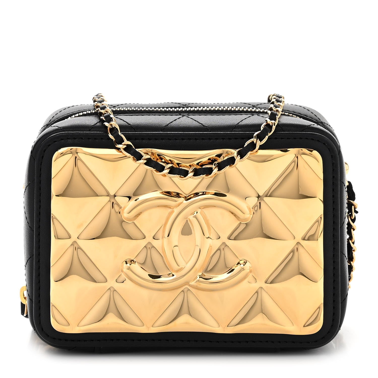 Chanel Lambskin Metal Quilted Mini Vanity Case With Chain Black Gold 1 of 10