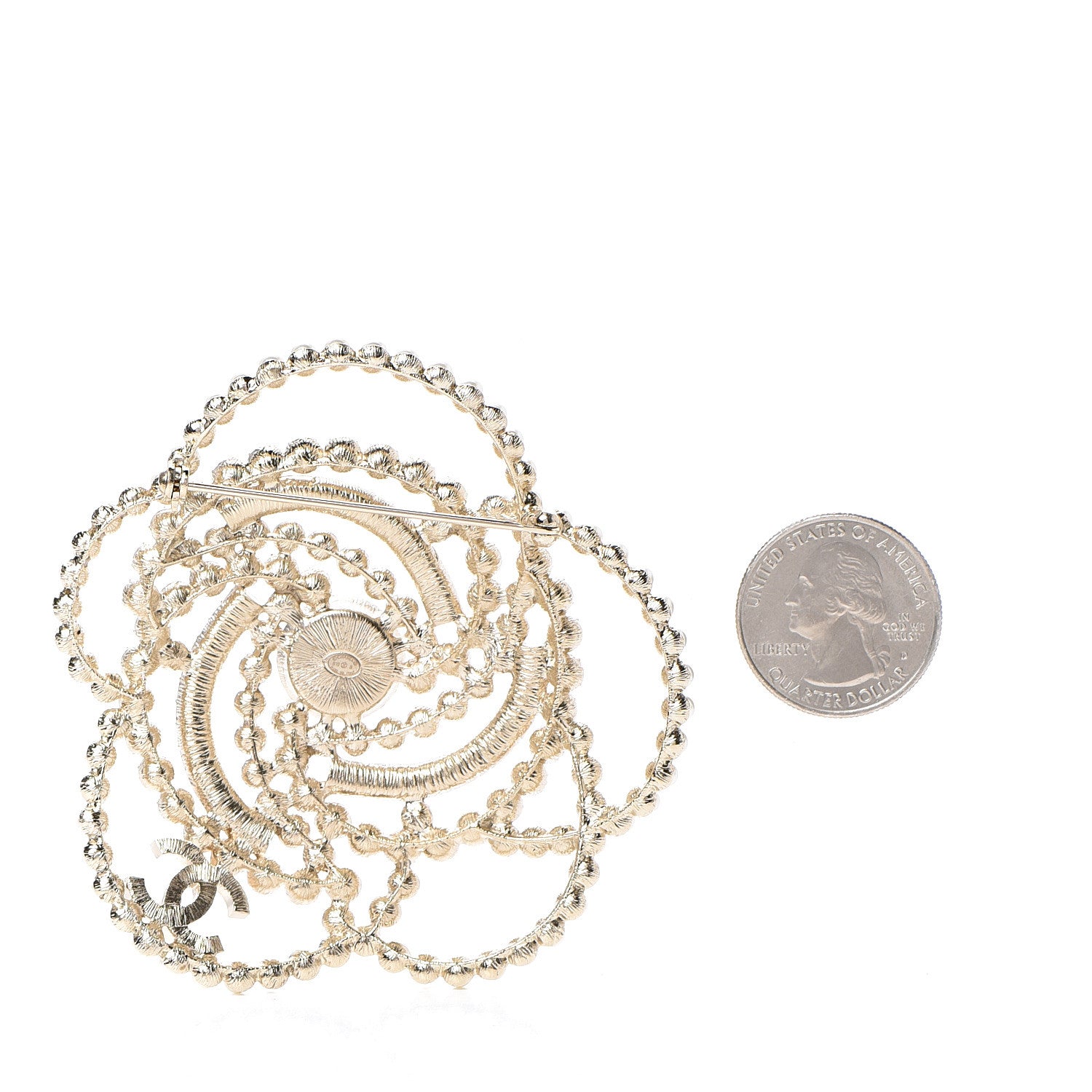 Chanel Pearl Crystal Lace Camellia Brooch Gold 2 of 4