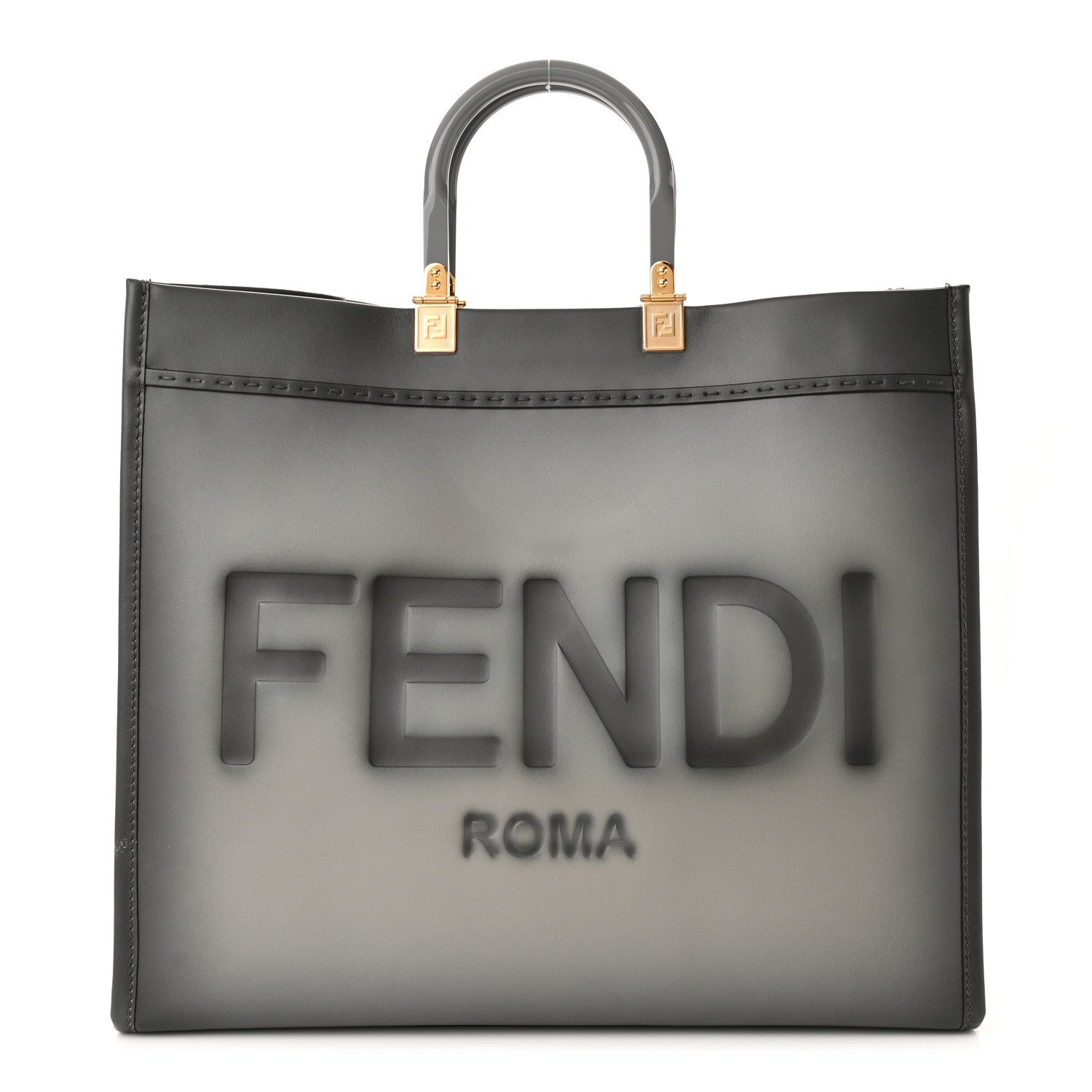 Fendi Vitello King Tamponato Plexiglass Logo Embossed Large Fendi Sunshine Shopper Tote Ghiaccio 1 of 10