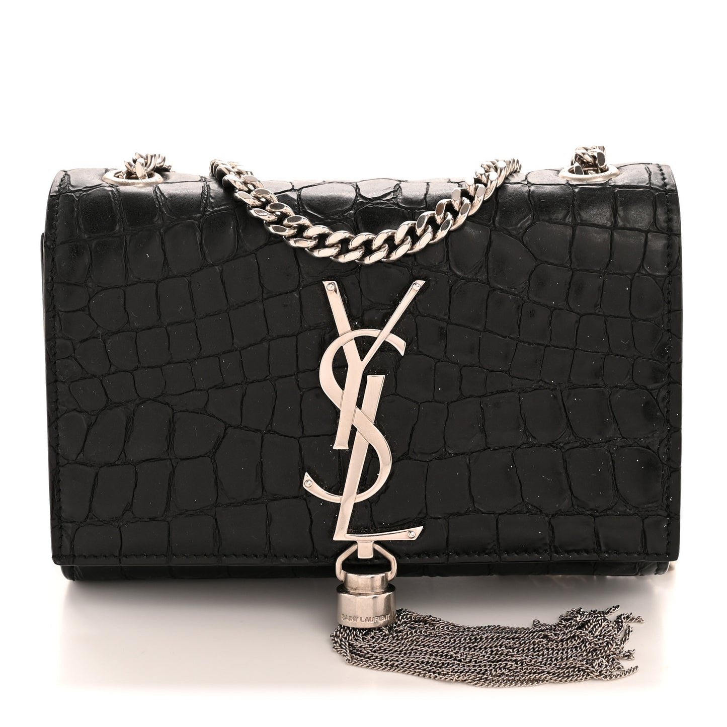 Calfskin Crocodile Embossed Small Classic Monogram Kate Tassel Satchel Black
