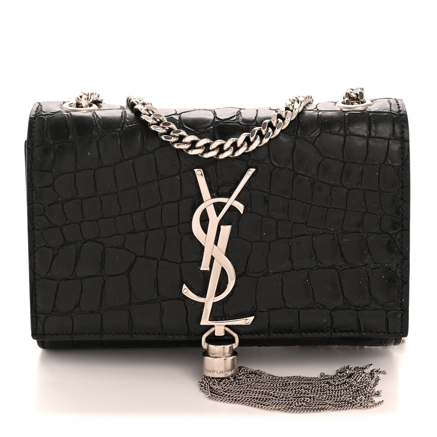 Saint Laurent Calfskin Crocodile Embossed Small Classic Monogram Kate Tassel Satchel Black 1 of 12