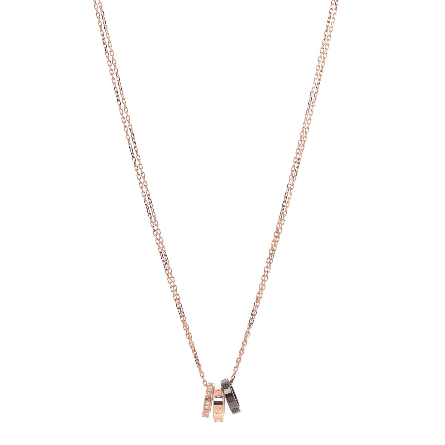 18K Pink Gold Ceramic Diamond Three Ring LOVE Pendant Necklace