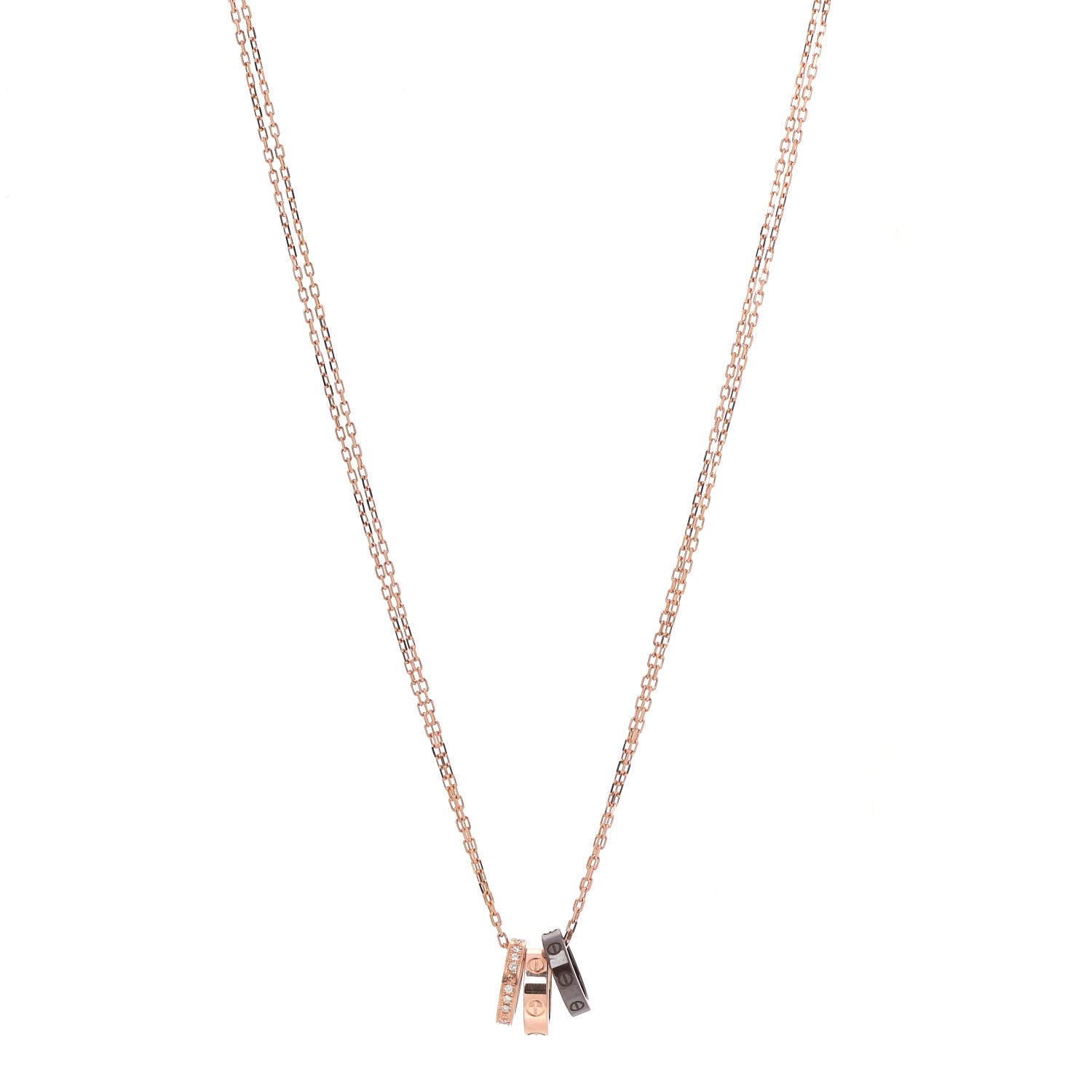 Cartier 18K Pink Gold Ceramic Diamond Three Ring LOVE Pendant Necklace 1 of 6