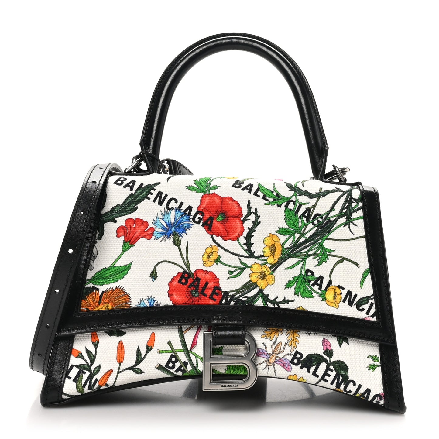 X GUCCI Canvas Boarded Plutone Calfskin Flora Logo Print Small Hourglass Top Handle Bag White Multicolor Black