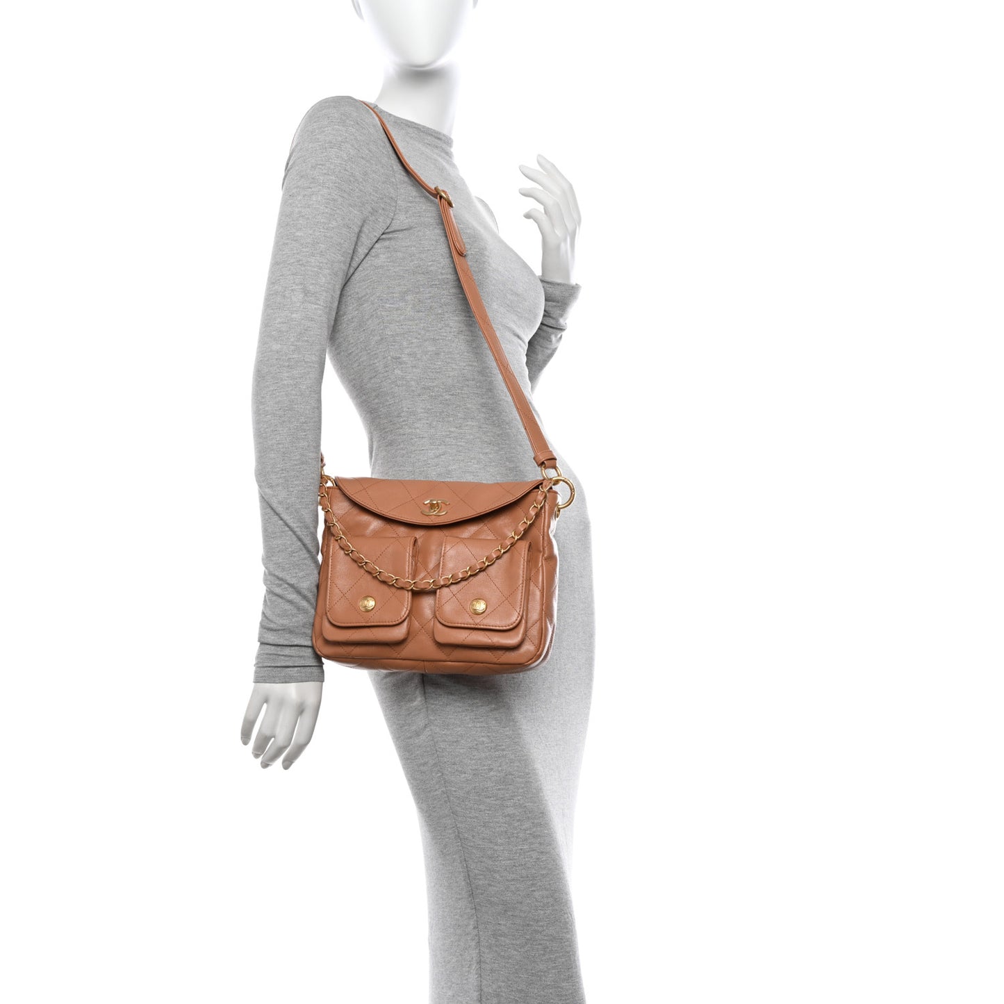 Shiny Calfskin Quilted Small Supple Twins Hobo Bag Brown