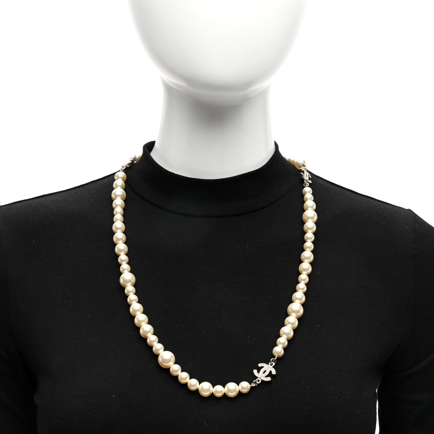 Graduated Pearl Crystal CC Long Necklace Light Gold