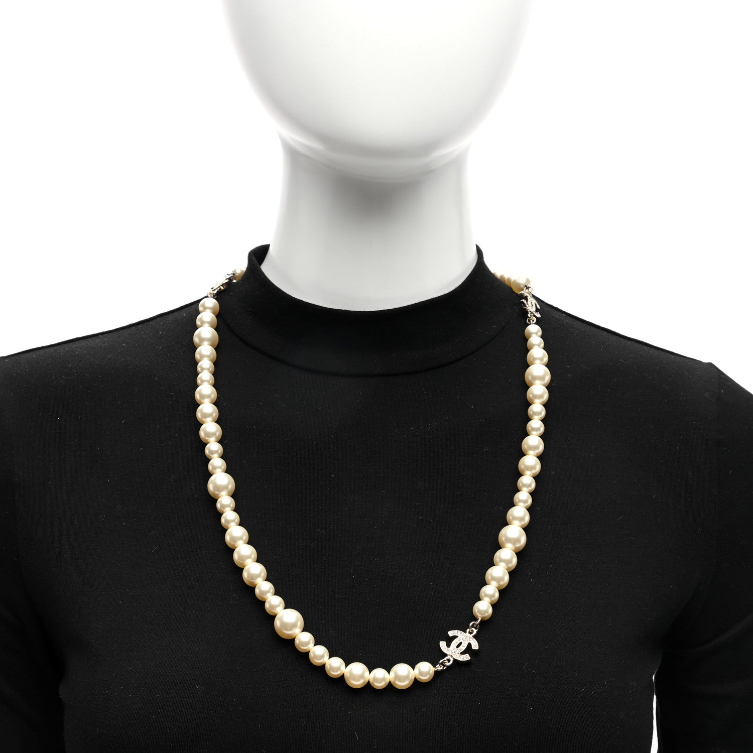 Chanel Graduated Pearl Crystal CC Long Necklace Light Gold 2 of 5
