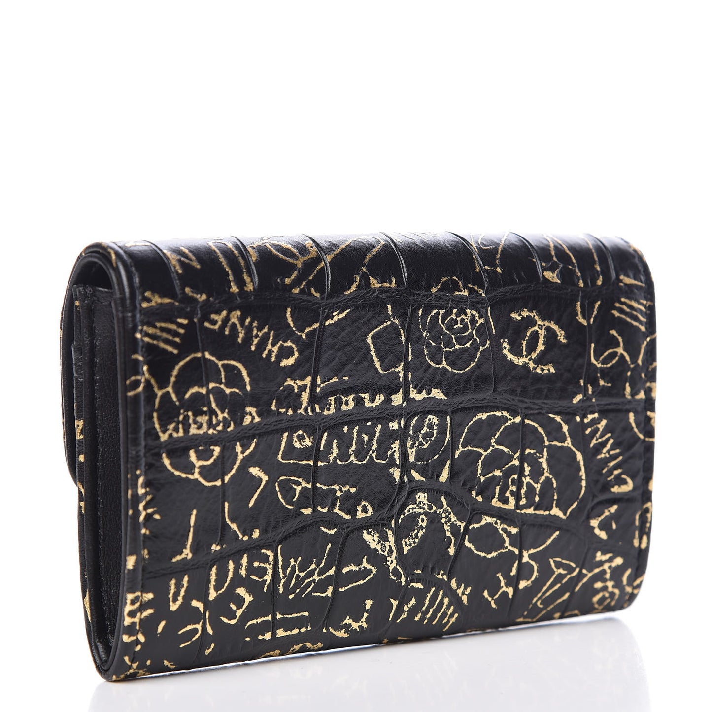 Calfskin Crocodile Embossed Graffiti Reissue Card Holder Wallet Black Gold