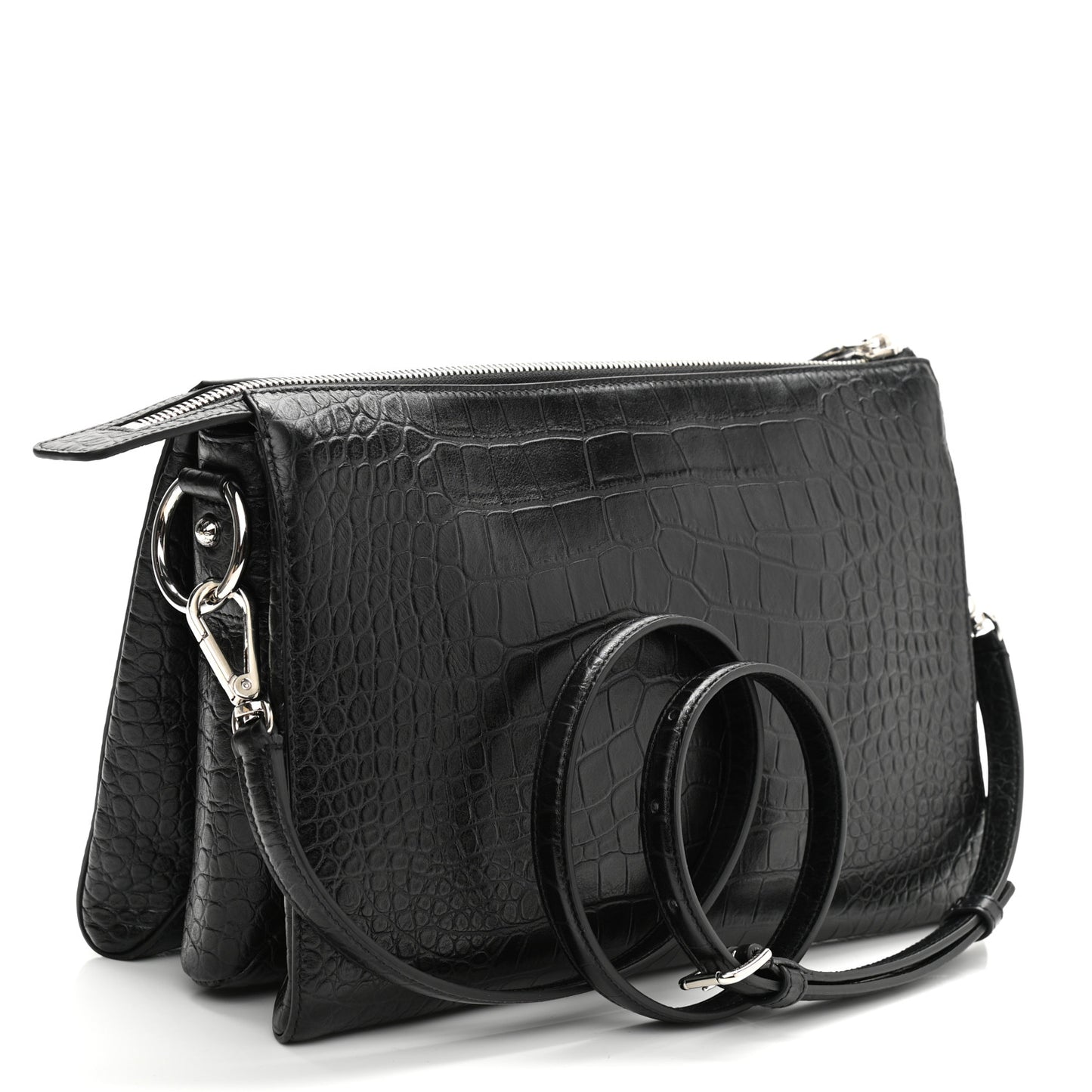 Crocodile Embossed Medium Tris Shoulder Bag Black