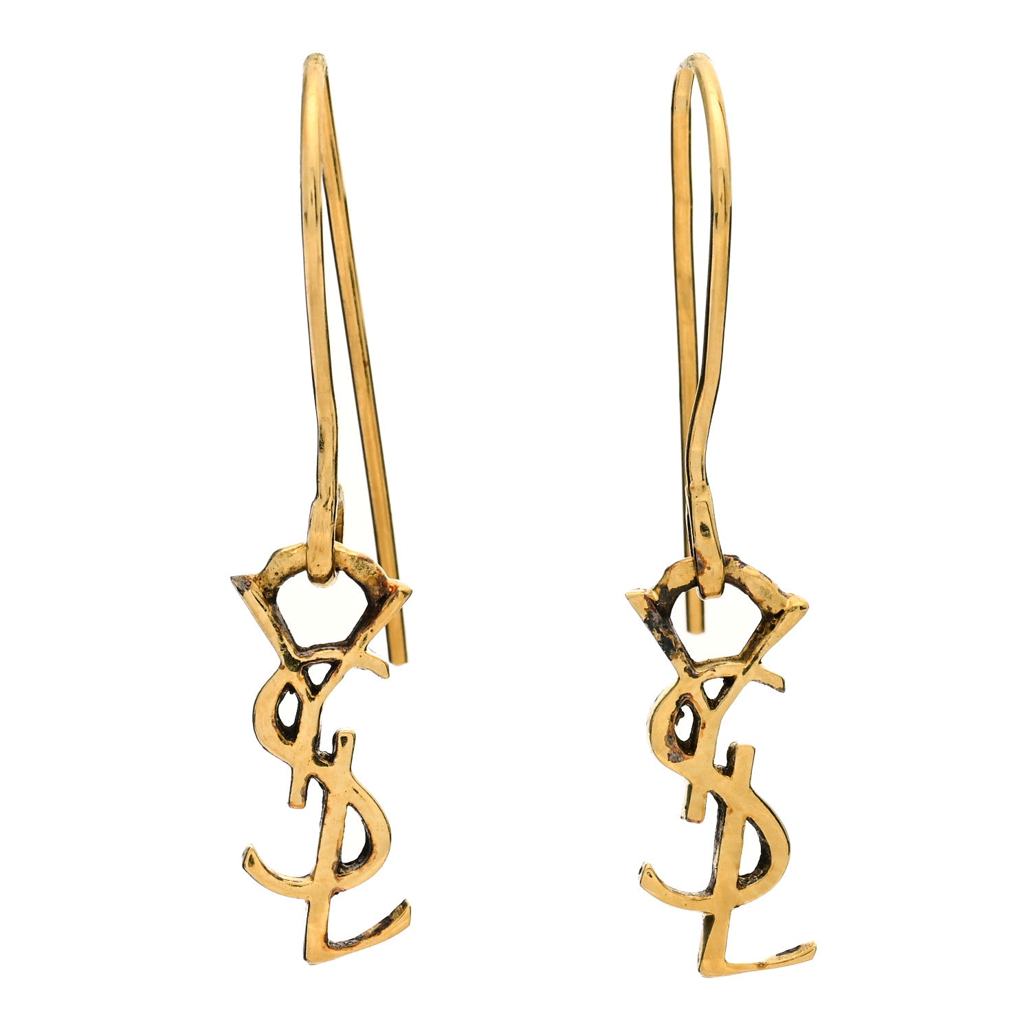 Saint Laurent Sterling Silver Vermeil Thin Monogram Drop Earrings 1 of 4