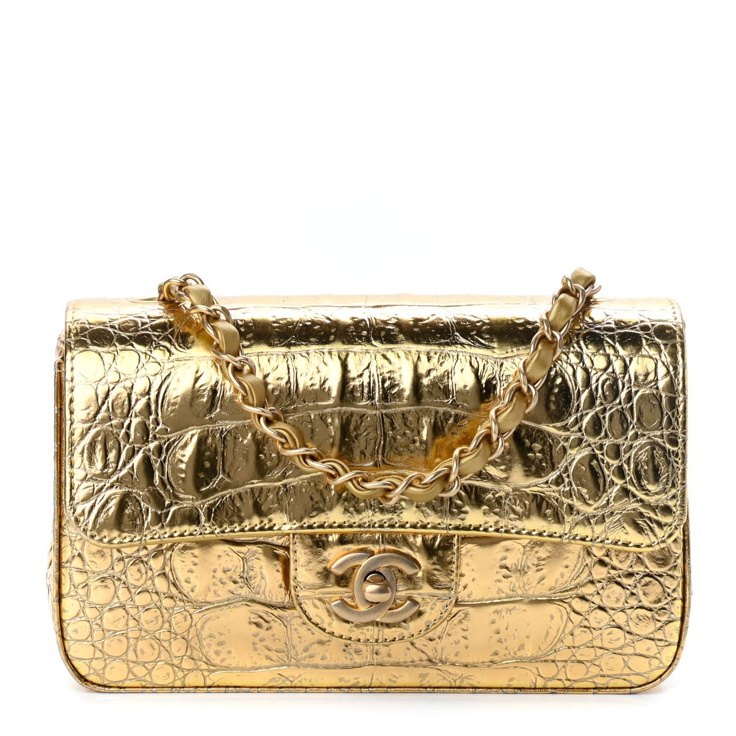 Metallic Calfskin Crocodile Embossed Cocodile Rectangular Mini Flap Gold