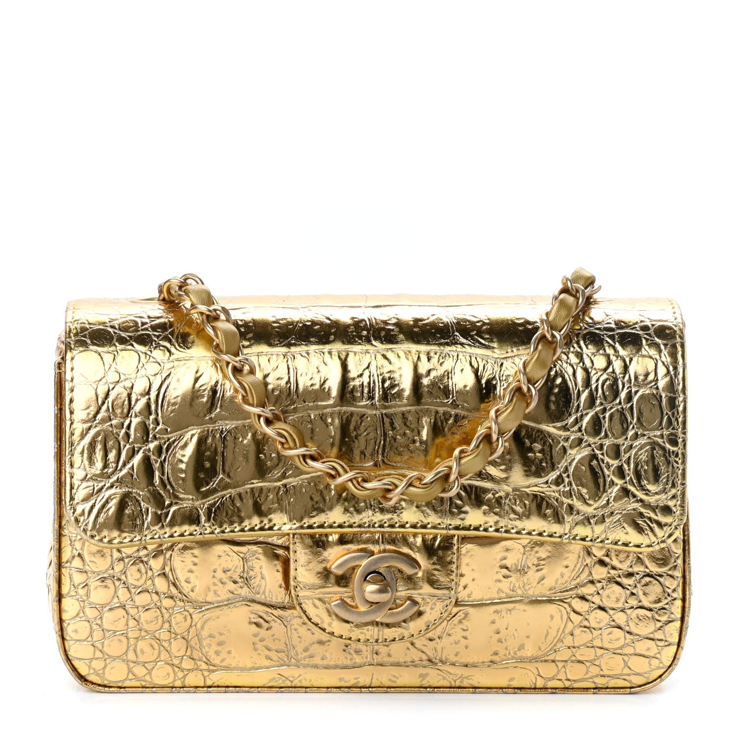 Chanel Metallic Calfskin Crocodile Embossed Cocodile Rectangular Mini Flap Gold 1 of 9