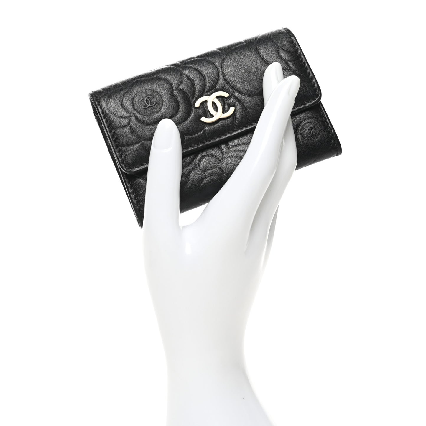 Lambskin Camellia Embossed Flap Card Holder Black