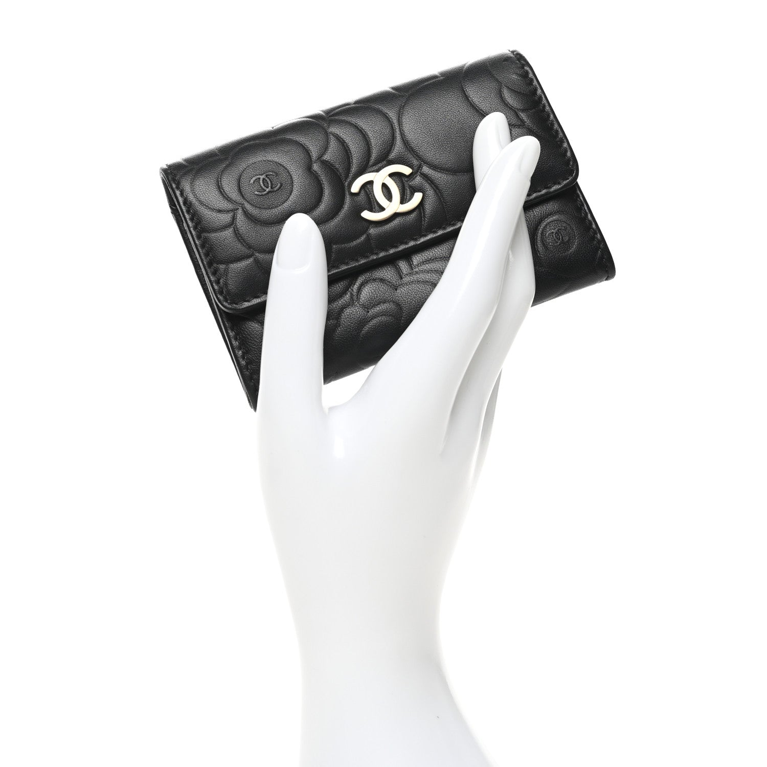 Chanel Lambskin Camellia Embossed Flap Card Holder Black 2 of 12