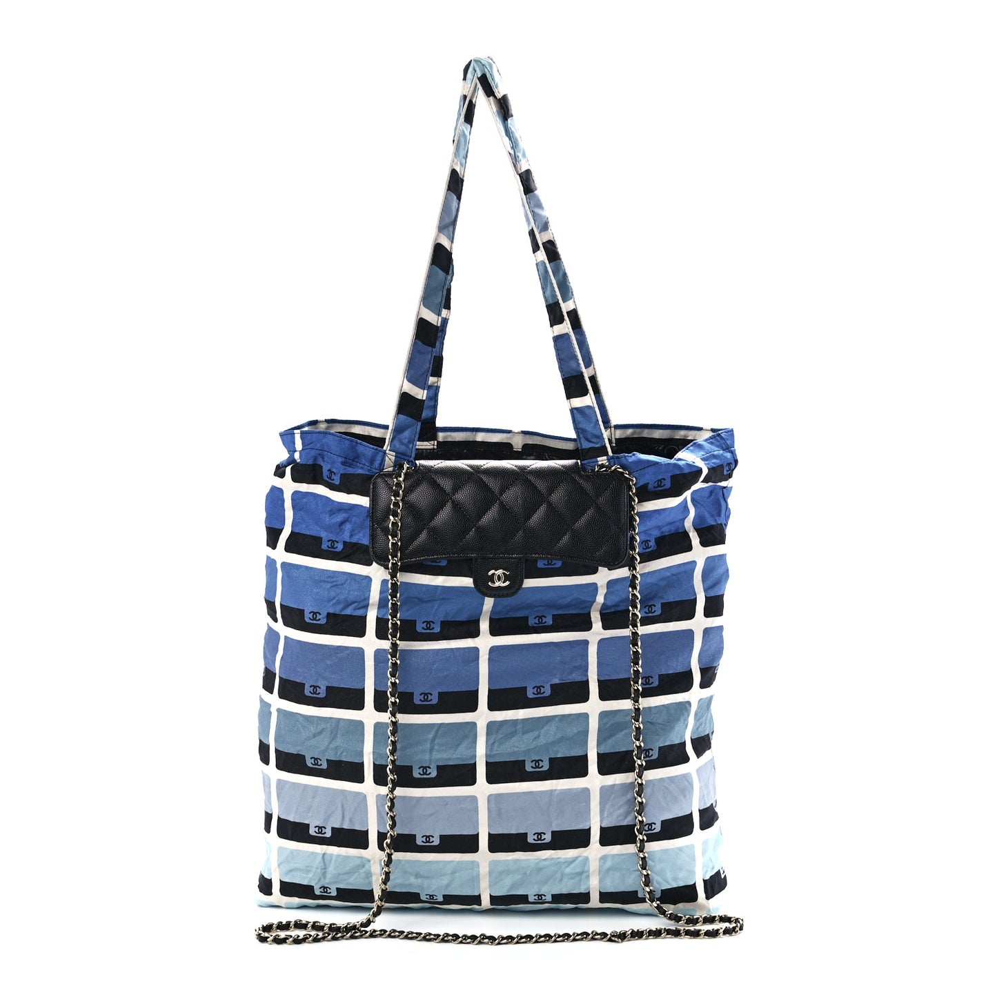 Caviar Fabric Quilted Foldable Tote With Chain Black Multicolor