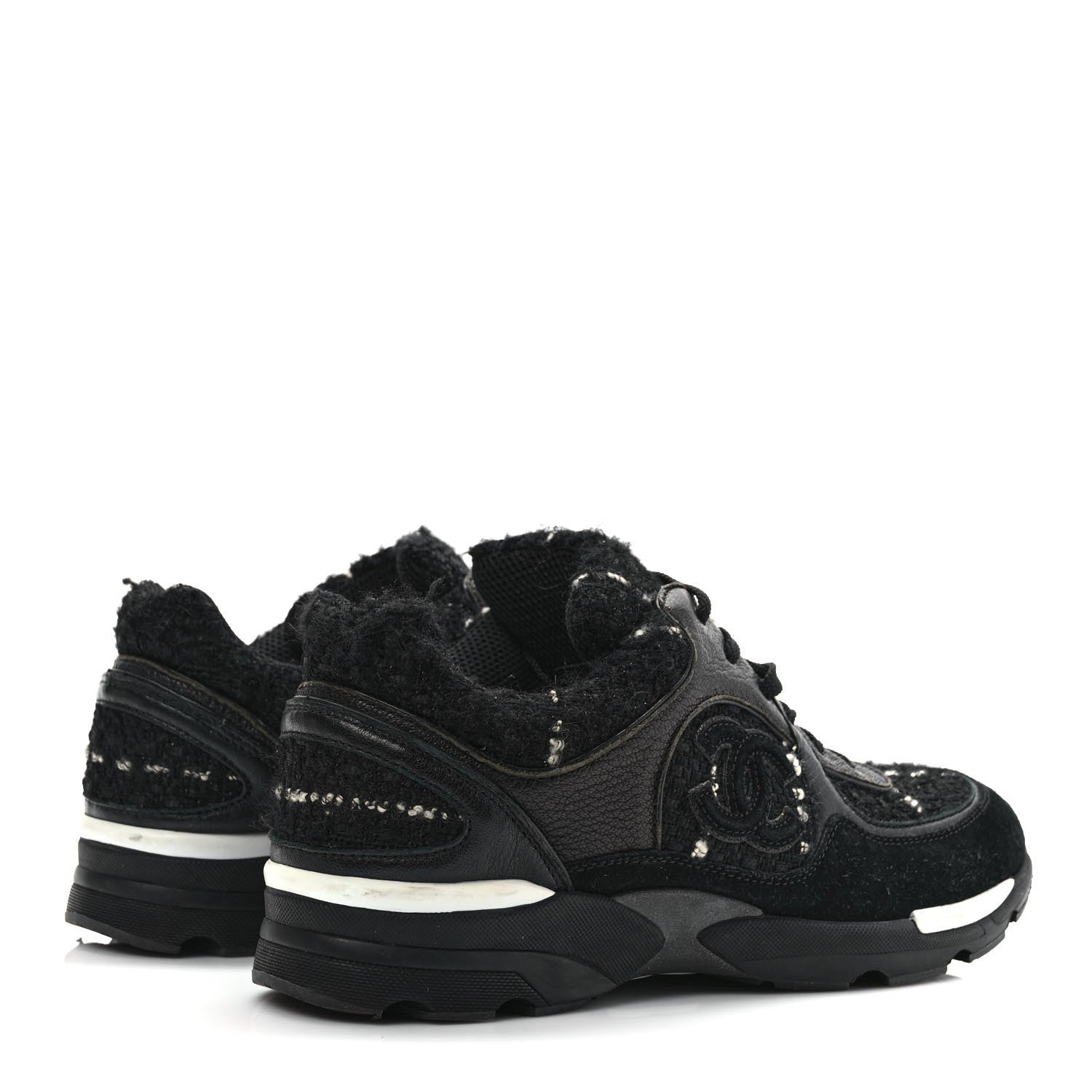 Chanel Tweed Suede Goatskin CC Sneakers 37.5 Black White 4 of 12
