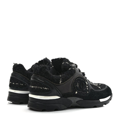 Chanel Tweed Suede Goatskin CC Sneakers 37.5 Black White 4 of 12