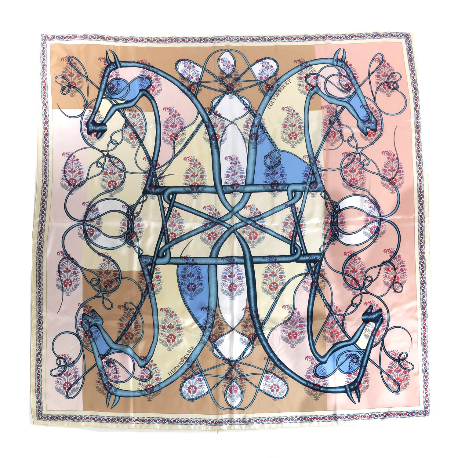 Hermes Silk Coup de Fouet Scarf 140 Rose Poudre Sable Blue Jean 1 of 5