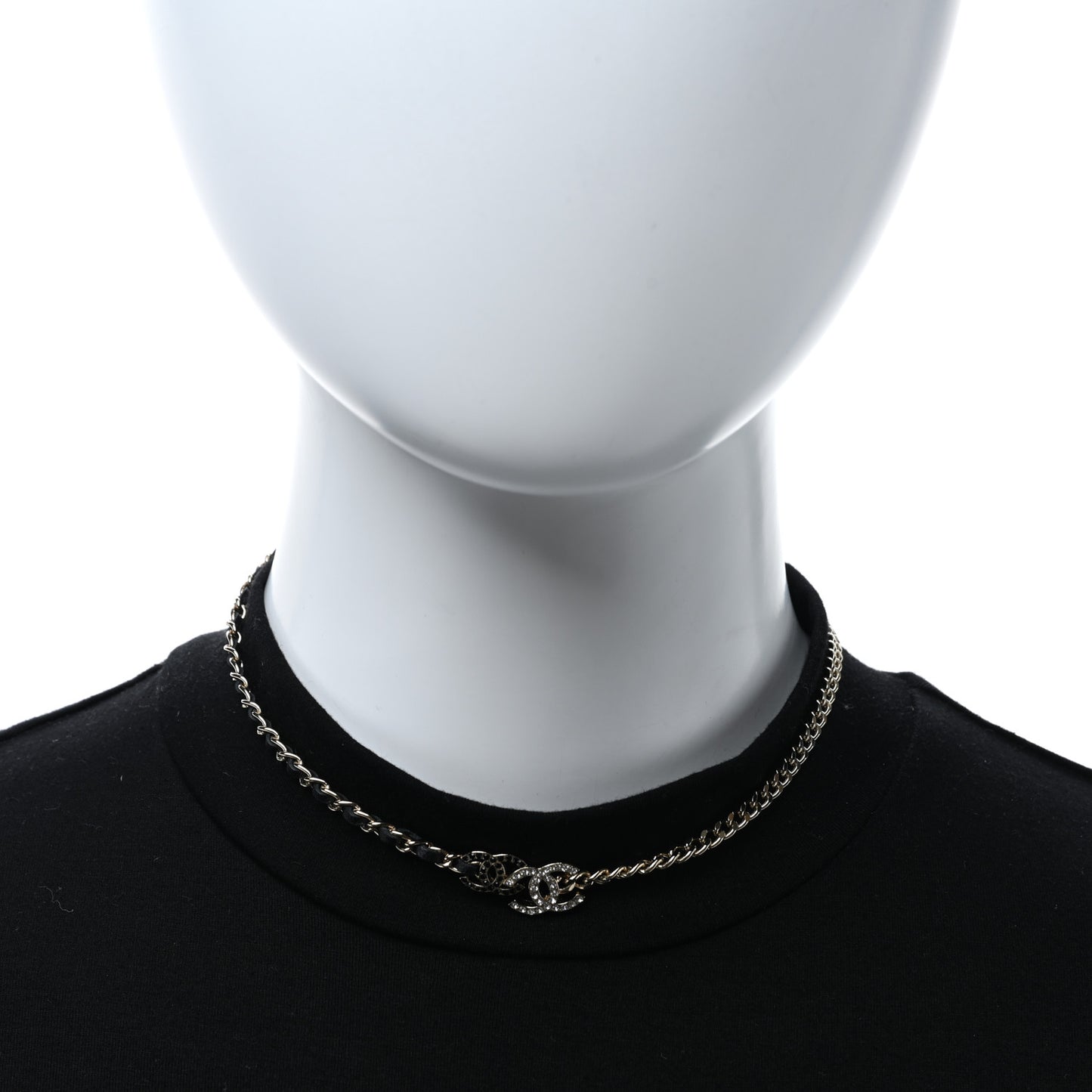 Metal Calfskin Crystal Double CC Short Necklace Black Gold