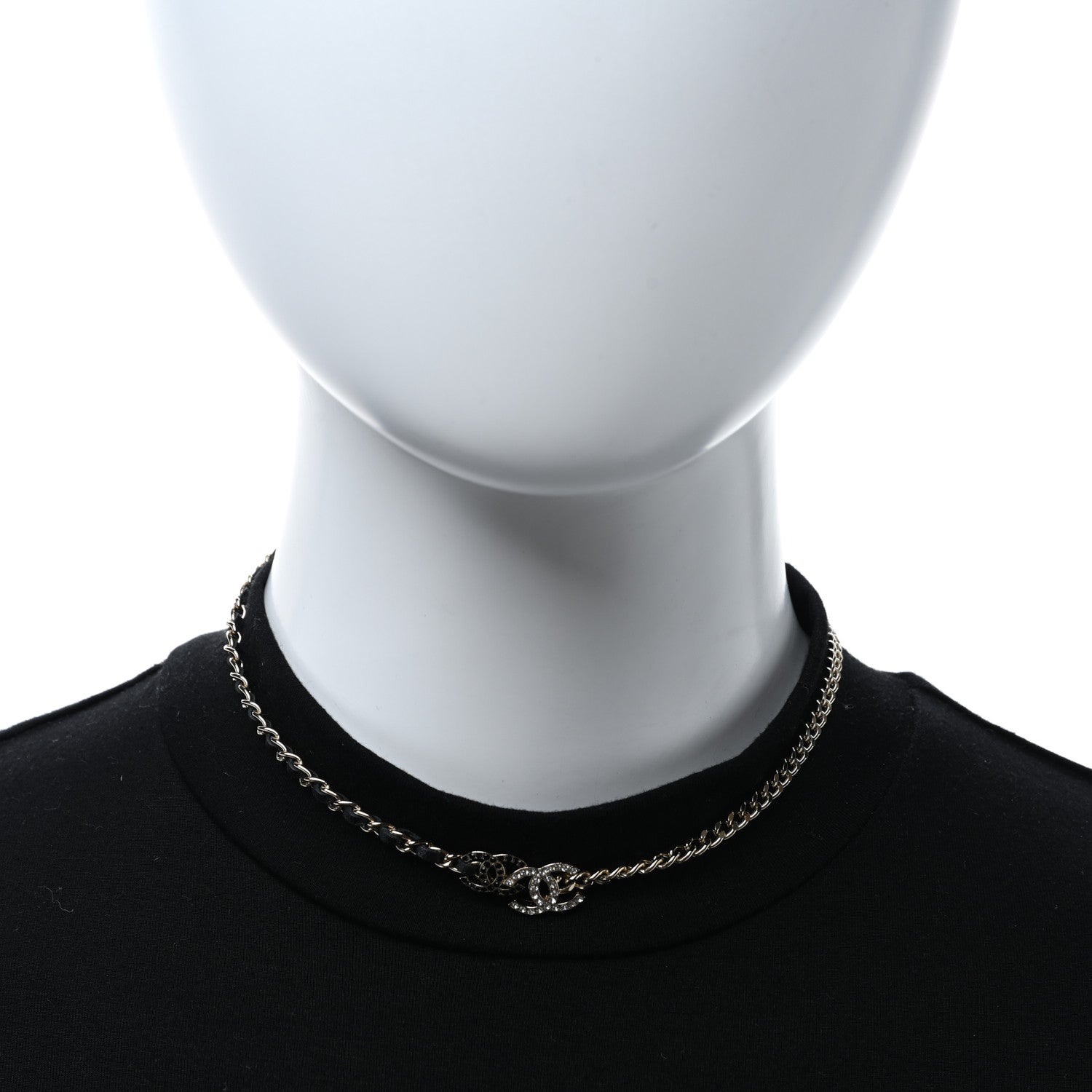Chanel Metal Calfskin Crystal Double CC Short Necklace Black Gold 3 of 5