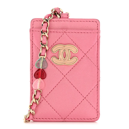 Chanel Lambskin Quilted Enamel Chanel Card Holder On Chain Pink 1 of 12