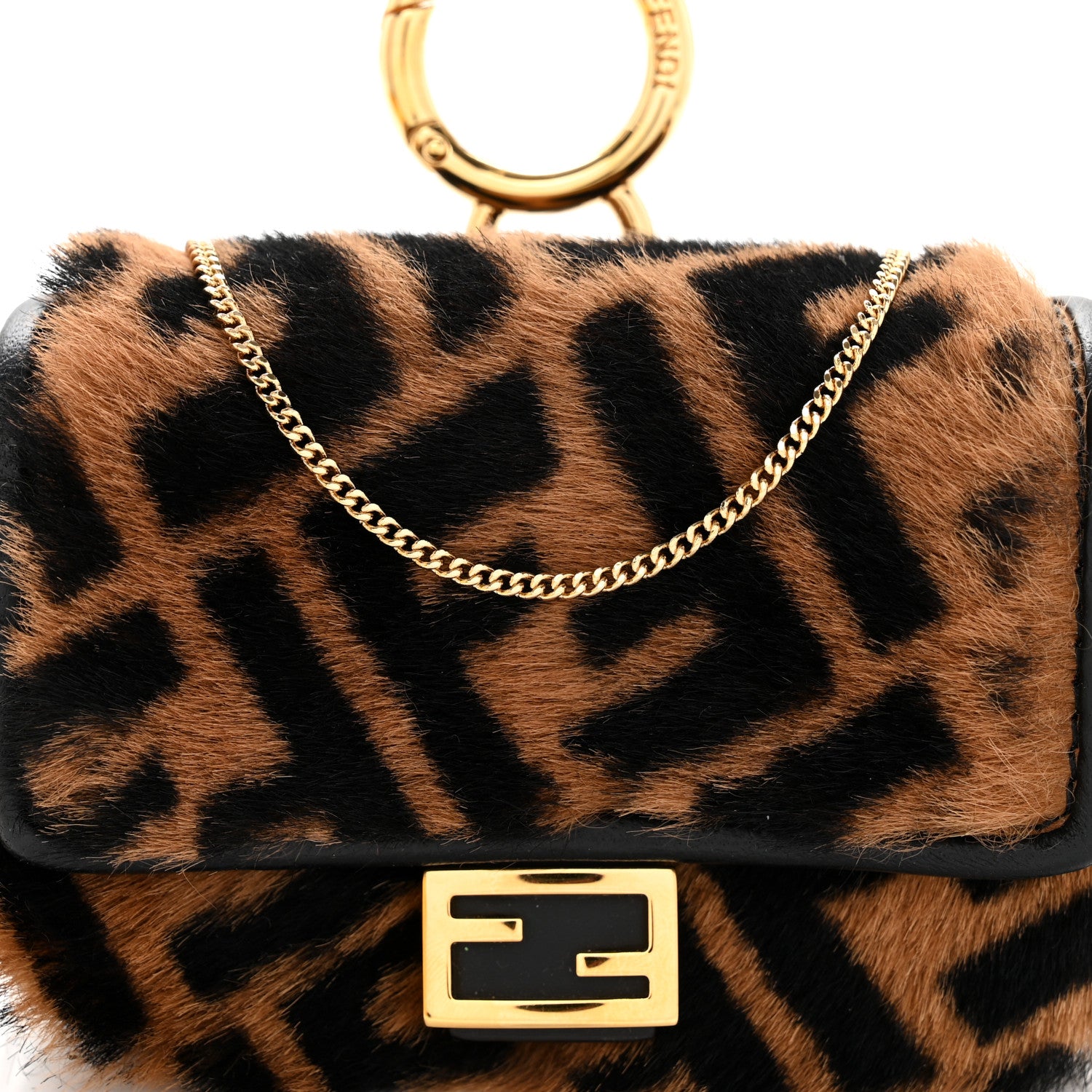 Fendi Sheared Sheepskin Vitello King FF Nano Baguette Charm Tobacco Moro Black 6 of 8