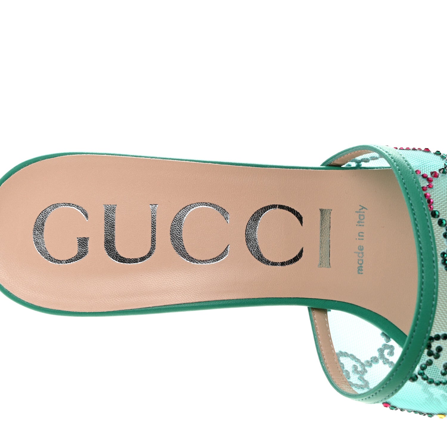 Gucci Tela Retino Nappa Crystal GG Monogram Square G 95mm Slide Sandals 39 Turquoise 6 of 11
