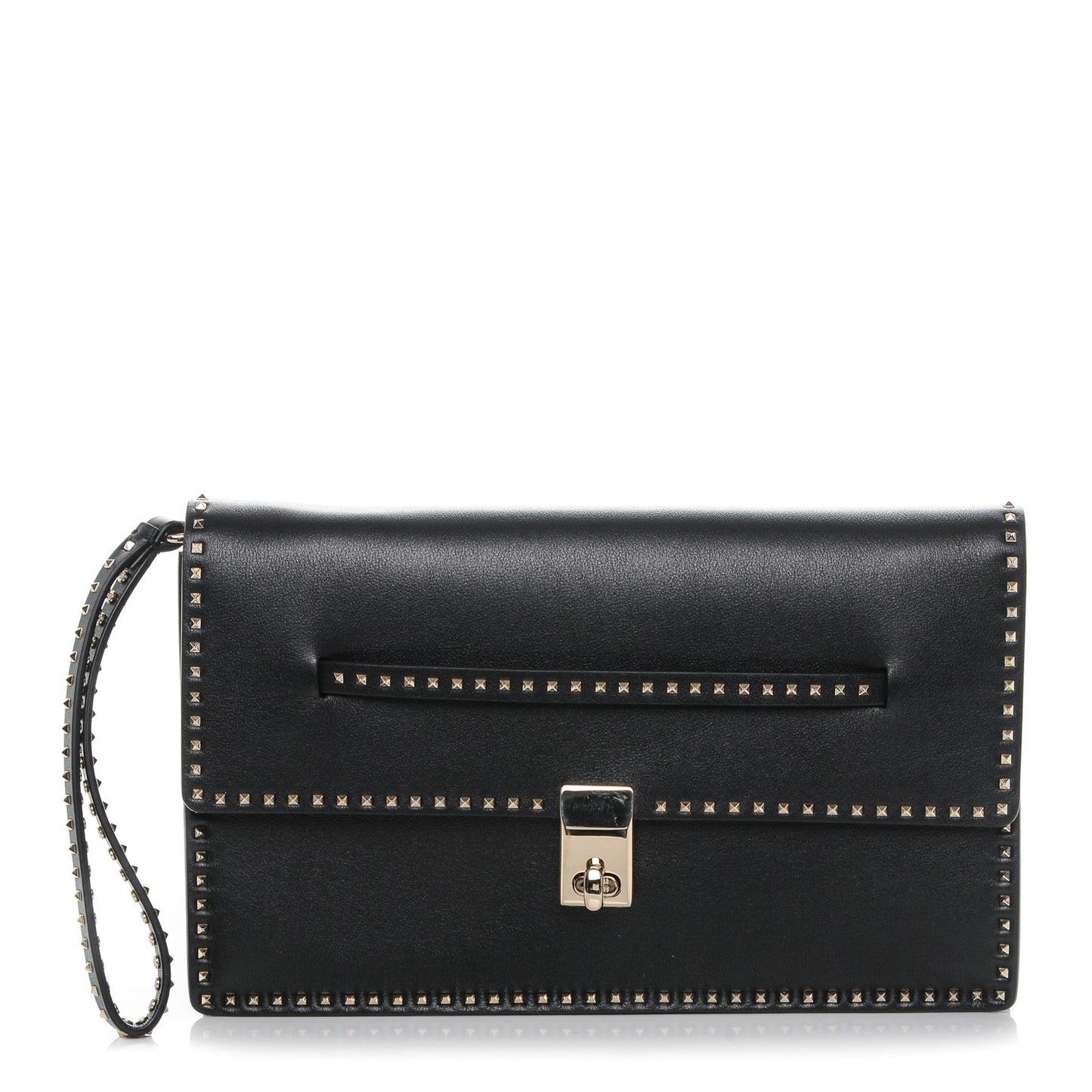 Calfskin Rockstud Turn Lock Flap Clutch Black