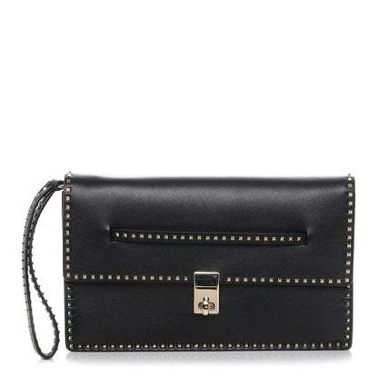 Valentino Garavani Calfskin Rockstud Turn Lock Flap Clutch Black 1 of 6