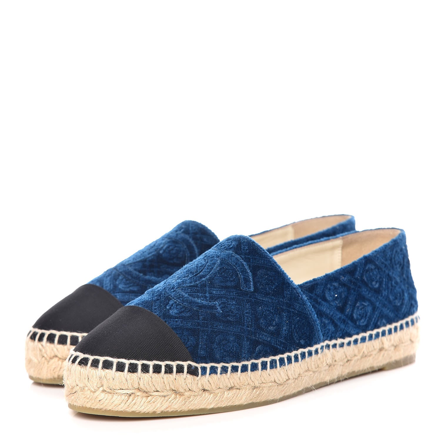 Chanel Velvet Grosgrain Quilted Camellia CC Espadrilles 38 Navy Black 3 of 12