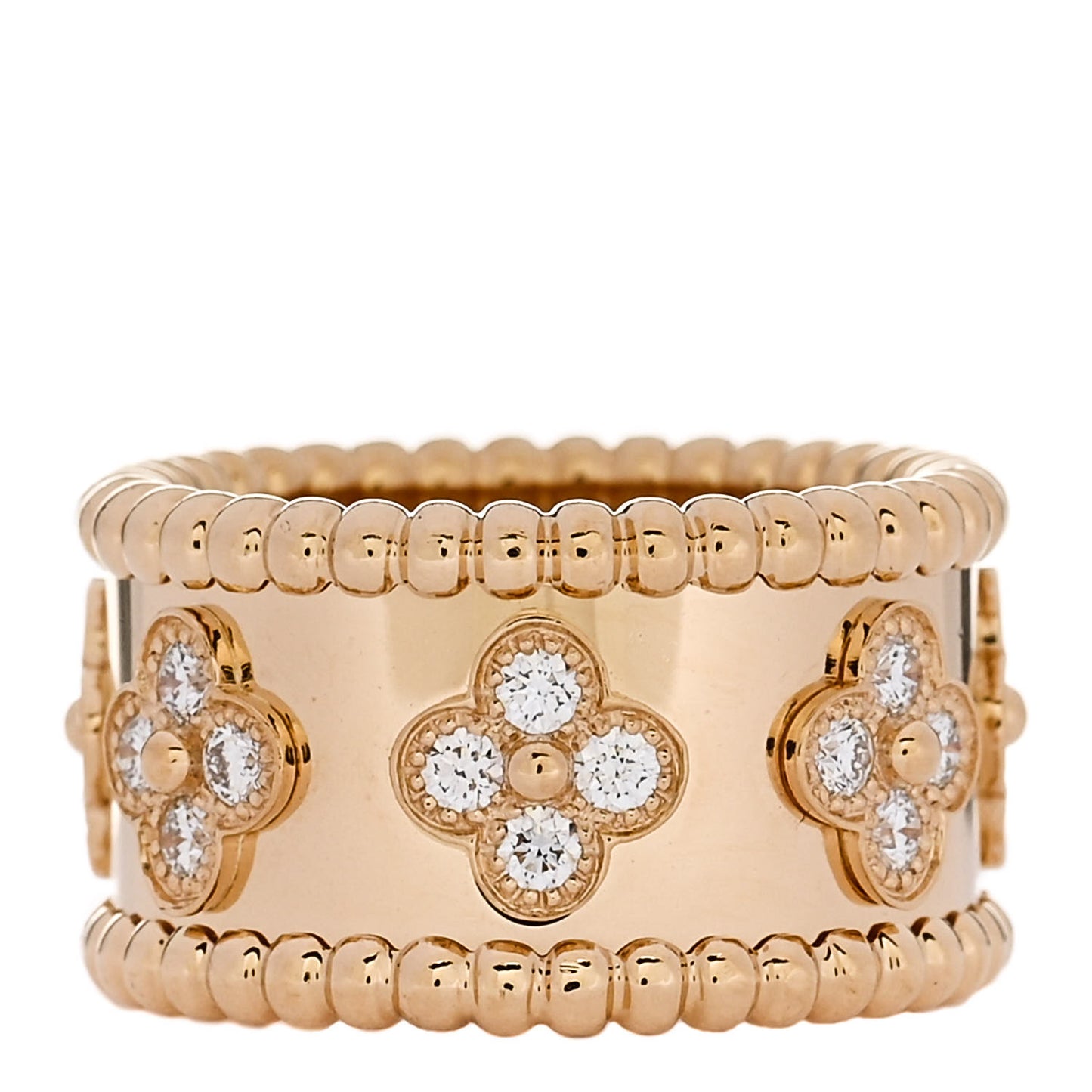 18K Yellow Gold Diamond Perlee Clovers Ring 47 4