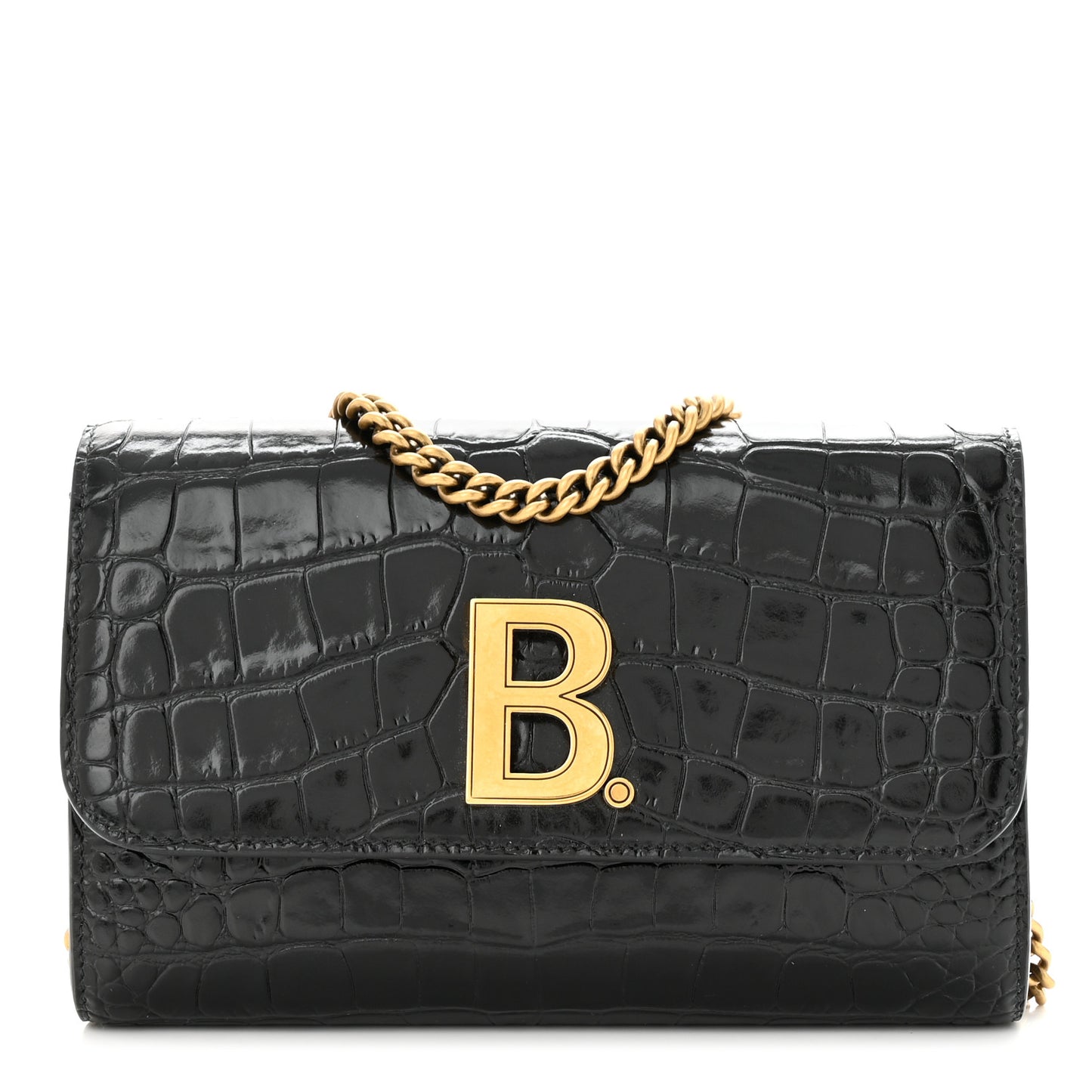 Shiny Calfskin Crocodile Embossed B Continental Chain Bag Black