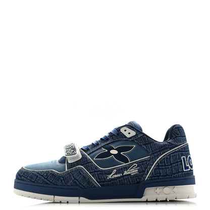 Louis Vuitton Crocodile Embossed Denim Suede Mens LV Trainer Sneakers 10 Sea Blue 1 of 9