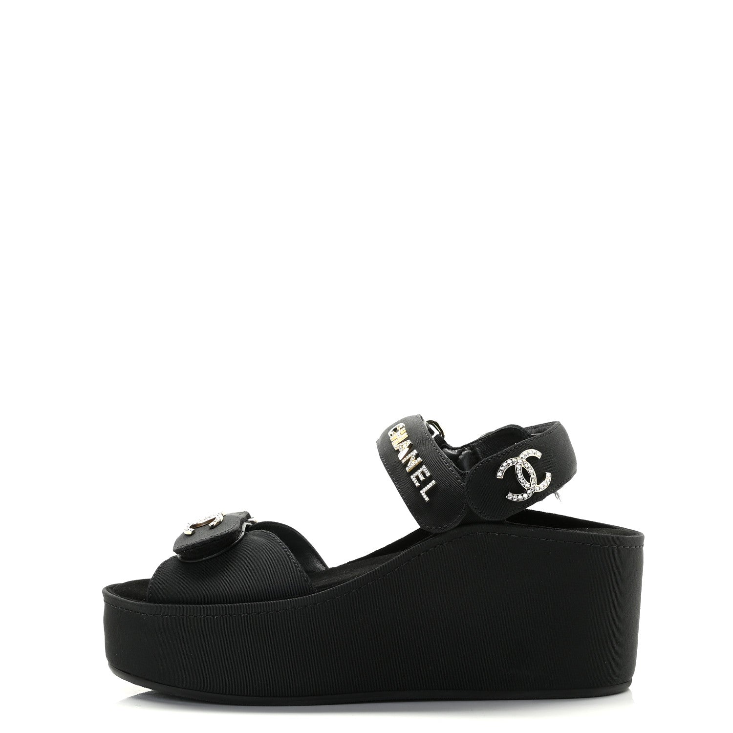 Chanel Grosgrain Crystal Logo Platform Sandals 36 Black 1 of 9
